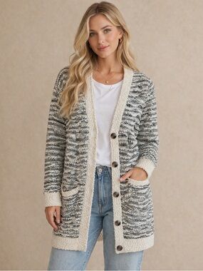 Anthropologie Paper Crane Long  Cardigan Textured Sweater - Black and White